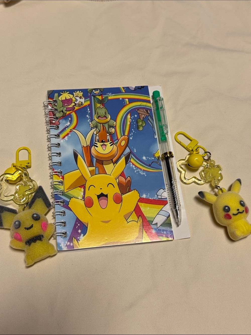 New Pikachu Spiral NotepadRainbow Pokémon Cover & 2 Yellow Keychain Charms